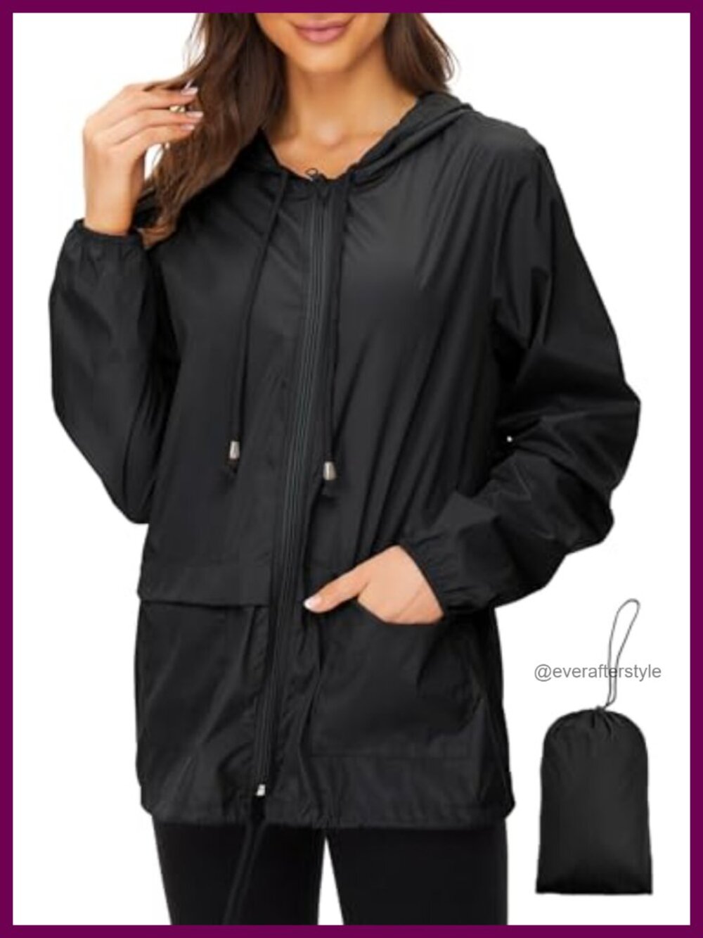 Lightweight Packable Waterproof Raincoat Hooded Drawstring Travel Jacket
